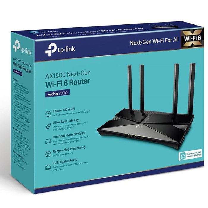 TP-Link Archer AX10 Router WiFi 6 1500 Mbps Doble Banda 2.4GHz/5GHz con 4 Antenas OFDMA MU-MIMO Beamforming Gigabit Ethernet WPA3 OneMesh APP Tether